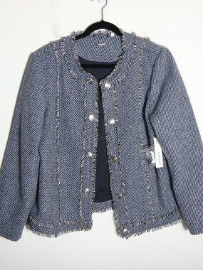 Chicos Tweed Fringe Lady Jacket Womens 3 16 Indigo Blue Preppy Wool Blend Work